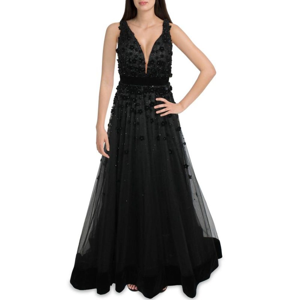 Mac Duggal Womens Black Floral Applique A-Line Evening Dress Gown Imperfections